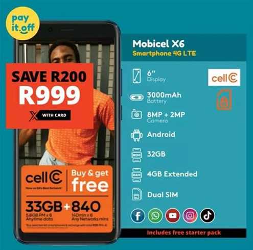 Mobicel X6 Smartphone 4G LTE with 6" Display, 3000mAh Battery, 8MP + 2MP Camera, Android, 32GB Storage, 4GB Extended, Dual SIM