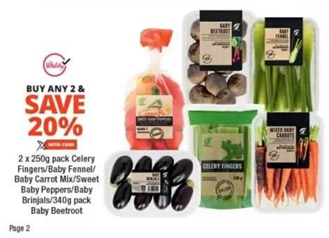 2 x 250g pack Celery Fingers/Baby Fennel/Baby Carrot Mix/Sweet Baby Peppers/Baby Brinjals/340g pack Baby Beetroot 