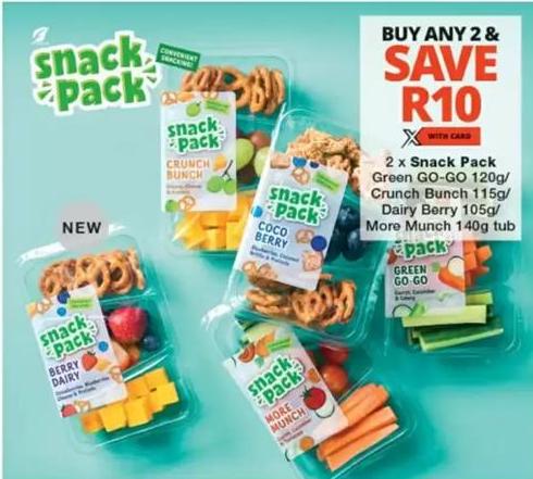 2 x Snack Pack Green GO-GO 120g/Crunch Bunch 115g/Dairy Berry 105g/More Munch 140g tub Any 2 Save R10