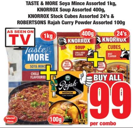 TASTE & MORE Soya Mince Assorted 1kg, KNORROX Soup Assorted 400g, KNORROX Stock Cubes Assorted 24's & ROBERTSONS Rajah Curry Powder Assorted 100g