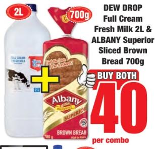 DEW DROP Full Cream Fresh Milk 2L & ALBANY Superior Sliced Brown Bread 700g