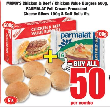 MAMA'S Chicken & Beef / Chicken Value Burgers 600g, PARMALAT Full Cream Processed Cheese Slices 100g & Soft Rolls 6's