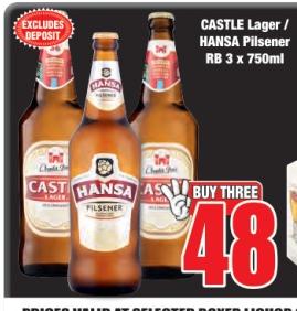 CASTLE Lager / HANSA Pilsener NRB 3 x 750ml