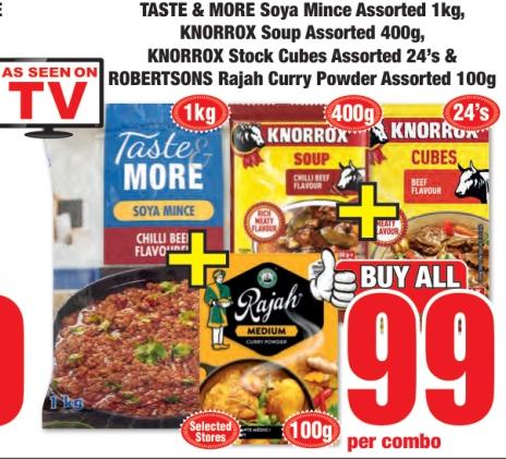 TASTE & MORE Soya Mince Assorted 1kg, KNORROX Soup Assorted 400g, KNORROX Stock Cubes Assorted 24's & ROBERTSONS Rajah Curry Powder Assorted 100g