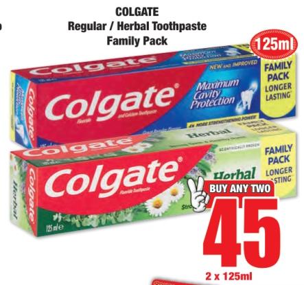 COLGATE Regular / Herbal Toothpaste Family Pack 2x125ml