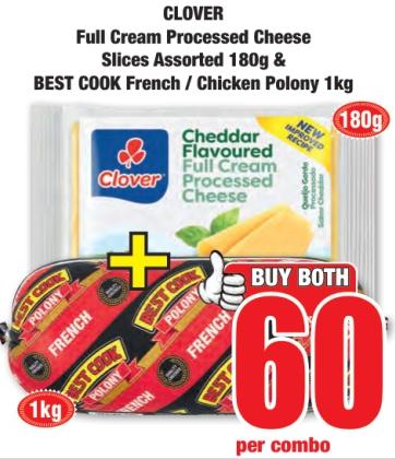 Clover Full Cream Processed Cheese Slices Assorted 180g & BEST COOK French / Chicken Polony 1kg 