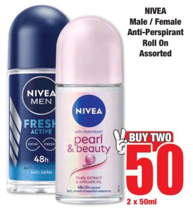 NIVEA Male / Female Anti-Perspirant Roll On Assorted 2x50 ml 