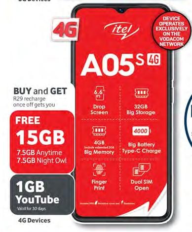 Free 15GB (7.5GB Anytime, 7.5GB Night Owl), 1GB YouTube valid for 30 days. Device operates exclusively on the Vodacom network.