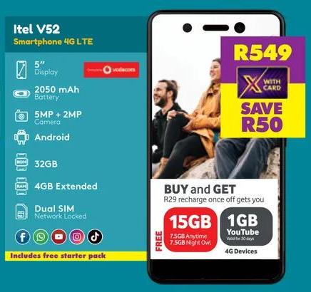 Itel V52 Smartphone 4G LTE with 5" Display, 2050 mAh Battery, 5MP + 2MP Camera, Android, 32GB, 4GB Extended, Dual SIM, Network Locked, Includes free starter pack.