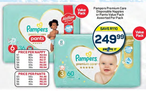 Pampers Premium Care Disposable Nappies or Pants Value Pack Assorted Per Pack