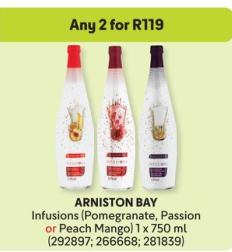 Any 2 ARNISTON BAY Infusions (Pomegranate, Passion or Peach Mango) 1 x 750 ml