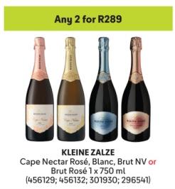 Any 2 KLEINE ZALZE Cape Nectar Rosé, Blanc, Brut NV or Brut Rosé 750ml