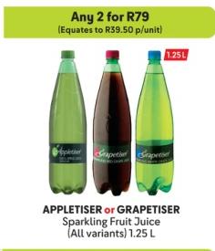 Any 2 Appletiser or Grapetiser Sparkling Fruit Juice All Variants 1.25L