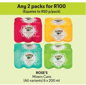 Any 2 ROSE'S Mixers Cans (All variants) 6x200ml