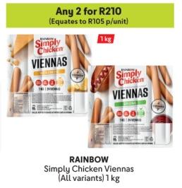 Any 2 Rainbow Simply Chicken Viennas (All variants) 1 kg