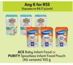 Any 6 ACE Baby Infant Food or PURITY Spoutless Infant Food Pouch (All variants) 100g