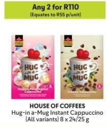 Any 2 HOUSE OF COFFEES Hug-in-a-Mug Instant Cappuccino (All variants) 8 x 24/25 g