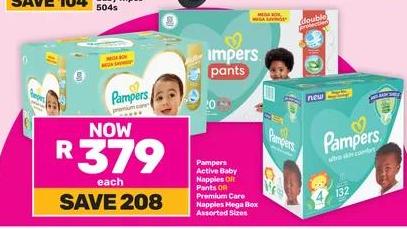 Pampers Active Baby Nappies or Pants or Premium Care Nappies Mega Box Assorted Sizes 