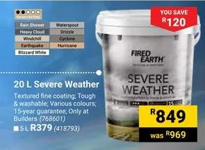 20 L Severe Weather Textured fine coating; Tough & washable; Various colours; 15-year guarantee