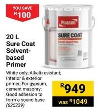 Sure Coat Solvent-based Primer, 20 L, White only; Alkali-resistant; Interior & exterior primer; For gypsum, cement masonry; Good adhesion to form a sound base