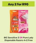 Any 2 BIC Sensitive 3 OR Pure Lady Disposable Razors 4+2 Free