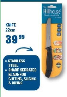 Knife, sharp serrated blade for cutting, slicing & dicing