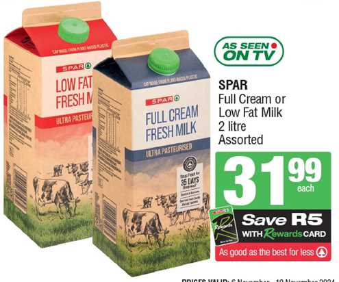 Full Cream or Low Fat Milk 2 litre Assorted