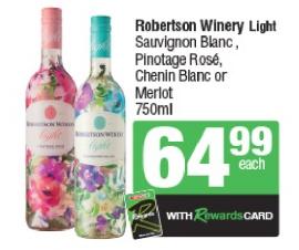 Robertson Winery Light Sauvignon Blanc, Pinotage Rosé, Chenin Blanc or Merlot 750ml