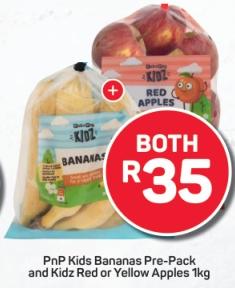 PnP Kids Bananas Pre-Pack and Kidz Red or Yellow Apples 1kg