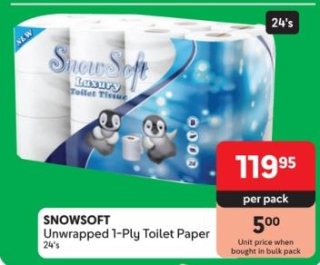 SNOWSOFT Unwrapped 1-Ply Toilet Paper 24's