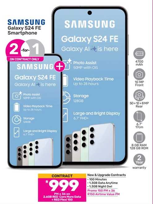 Samsung Galaxy S24 FE Smartphone with 128GB storage, 50MP camera, 6.7-inch FHD+ display, 4700 mAh battery, 8GB RAM.