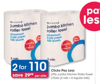 Clicks Pay Less 2-Ply Jumbo Kitchen Roller Towel 2 Rolls