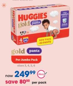 Huggies Gold Pants Per Jumbo Pack sizes 3, 4, 5, 6