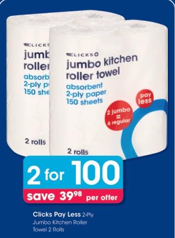 Clicks Pay Less 2-Ply Jumbo Kitchen Roller Towel 2 Rolls