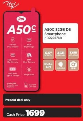 A50C 32GB DS Smartphone with 6.6 inch screen, 4GB memory, 32GB storage, dual SIM, Android, 8MP rear camera, 4000mAh battery, fingerprint sensor