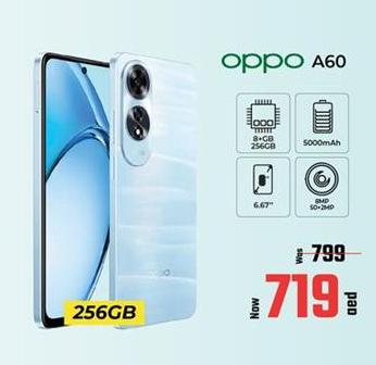 Oppo A60 with 256GB storage, 8GB RAM, 5000mAh battery, 6.67 inch display, 50MP and 2MP cameras