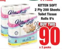 KITTEN SOFT 2 Ply 200 Sheets Toilet Tissue Rolls 9's