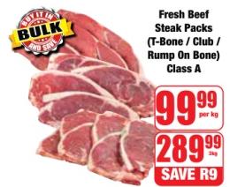 Fresh Beef Steak Packs (T-Bone / Club / Rump On Bone) Class A 1kg