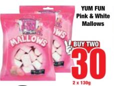 YUM FUN Pink & White Mallows 2 x 130 gm 