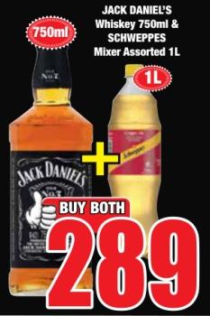 Jack Daniel's Whiskey 750ml & Schweppes Mixer Assorted 1Ltr 