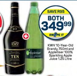 KWV 10-Year-Old Brandy 750ml and Appletiser 100% Sparkling Apple Juice 1.25 Litre