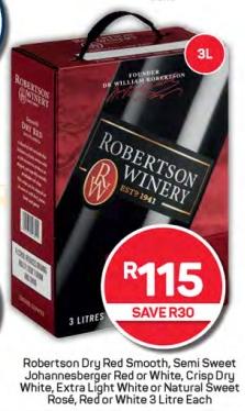 Robertson Dry Red Smooth, Semi Sweet Johannesberger Red or White, Crisp Dry White, Extra Light White or Natural Sweet Rosé, Red or White 3 Litre Each