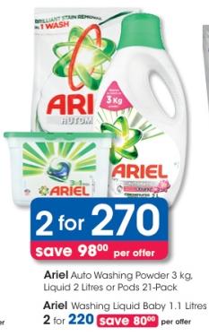 Ariel Auto Washing Powder 3 kg, Liquid 2 Litres or Pods 21-Pack 