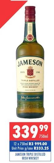 Jameson Triple Distilled Irish Whiskey 750ml 