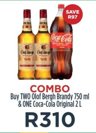 Buy TWO Olof Bergh Brandy 750 ml & ONE Coca-Cola Original 2 L