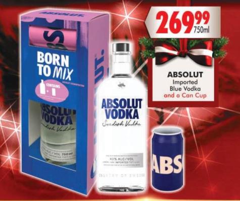 ABSOLUT Imported Blue Vodka 750ml and a Can Cup