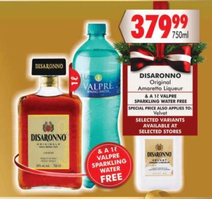 DISARONNO Original Amaretto Liqueur 750ml & 1L VALPRE Sparkling Water Free