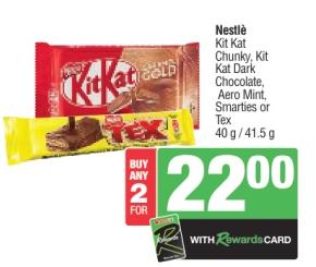 Any 2 Nestle Kit Kat Chunky, Kit Kat Dark Chocolate, Aero Mint, Smarties or Tex 40 g / 41.5 g