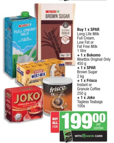 Spar Long Life Milk Full Cream, Low Fat Or Fat Free Milk 1 Litre + Bokomo Weetbix Original Only 450g + Spar Brown Sugar 2kg + Frisco Instant Or Granule Coffee 250g + Joko Tagless Teabags 100s