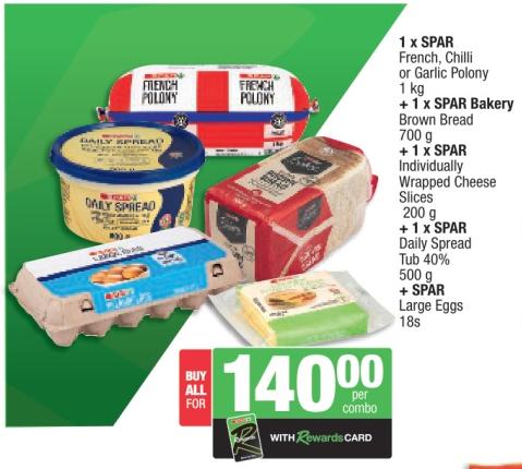 SPAR French, Chilli or Garlic Polony 1kg + SPAR Bakery Brown Bread 700g + Spar Individually Wrapped Cheese Slices 200g + SPAR Daily Spread Tub 40% 500g + SPAR Large Eggs 18s